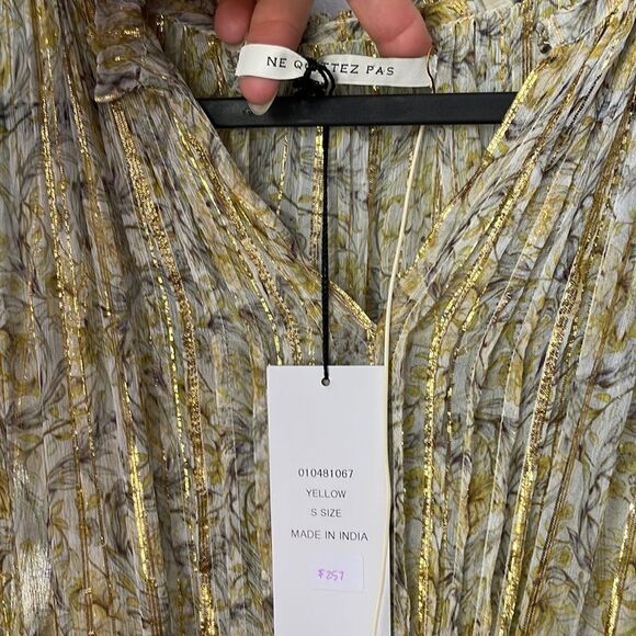 Ne Quittez Pas Chiffon Yellow Midi Dress Sheer Long Sleeve S - Picture 8 of 10